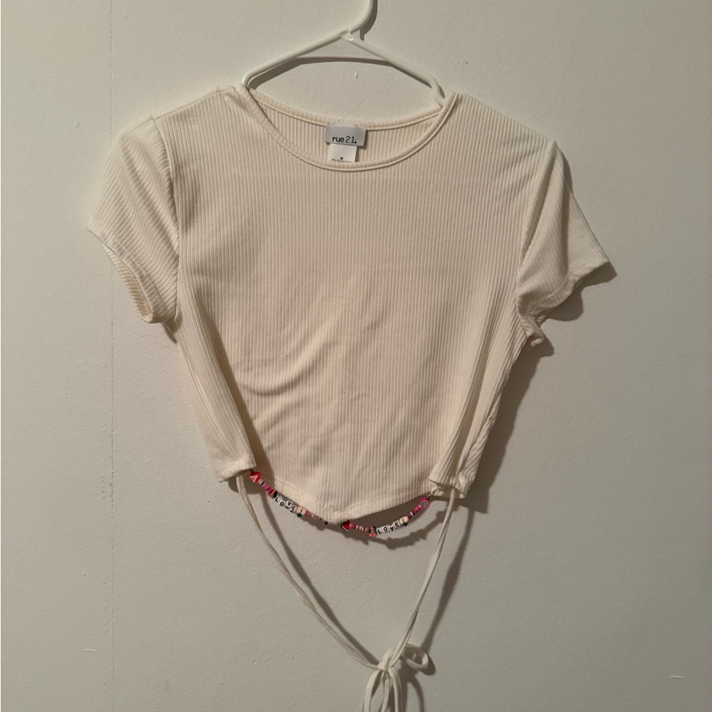 Rue21 Cream Ribbed Crop Top with Tie Accents
